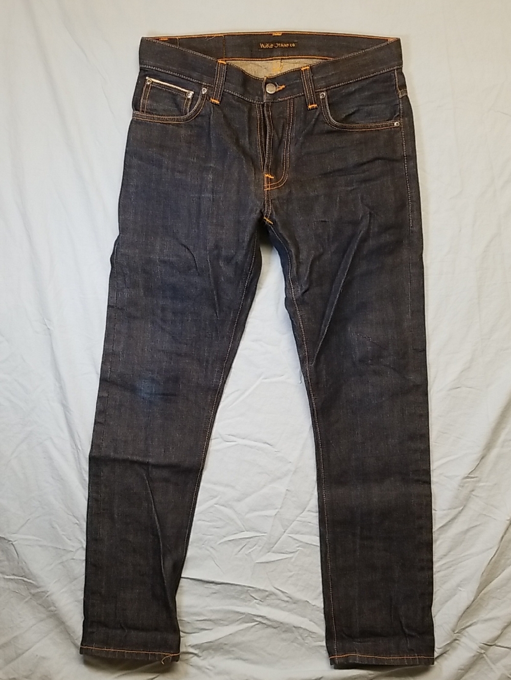 Nudie Jeans Co Grim Tim Dry Japanese Salvaged Denim Dark Navy Blue Jeans